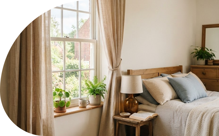 Kinetic Drapes bedroom interior with curtains